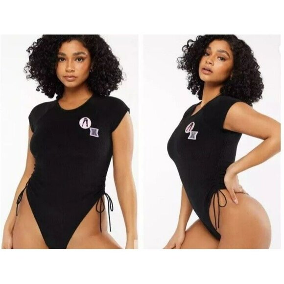 Savage X Fenty NEW 70’s Ruched Terry Thong Teddy in Black Size Medium Women’s - Picture 1 of 8